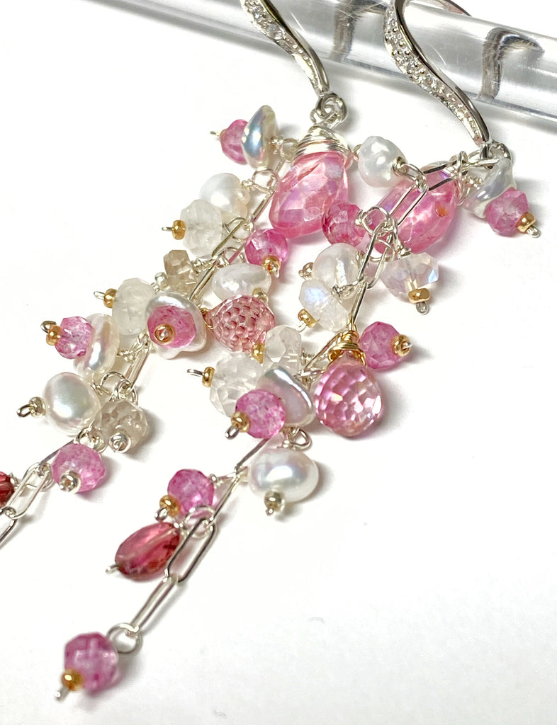 pink gemstone and pearl shoulder duster earrings sterling silver