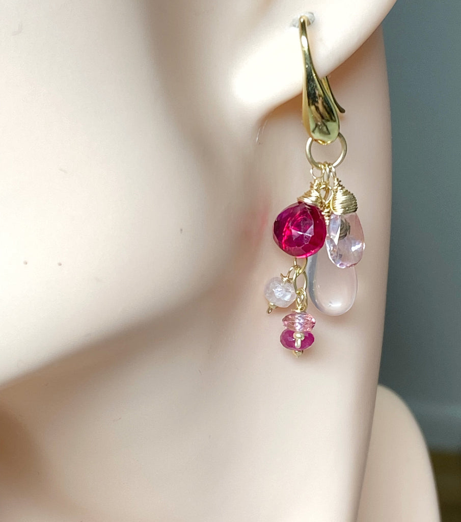 Rose Quartz, Red and Pink Topaz Dangle Earrings, Gold Fill
