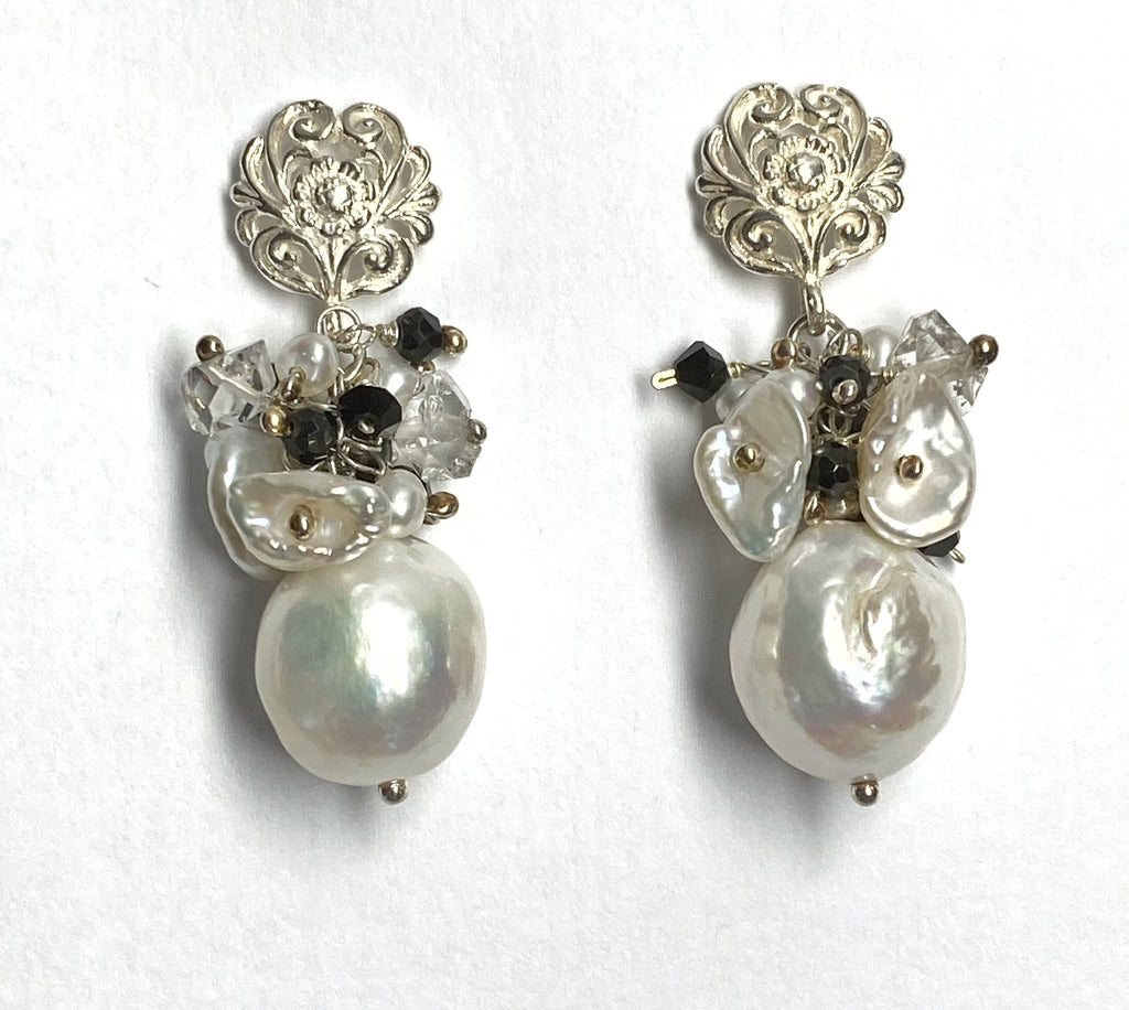 White Edison Pearl Cluster Earrings with Herkimer Diamond, Black Spinel