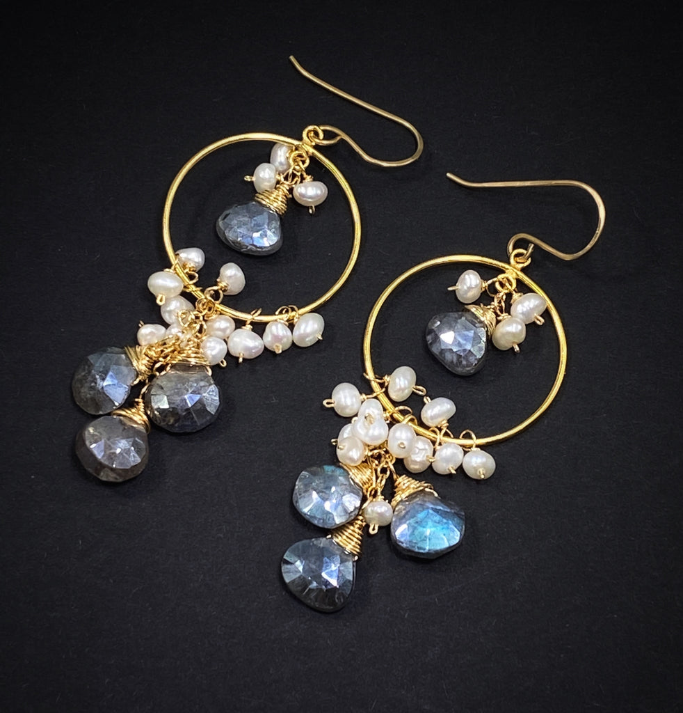 Mystic Grey Labradorite Gold Fill Hoop Earrings Pearl Cluster