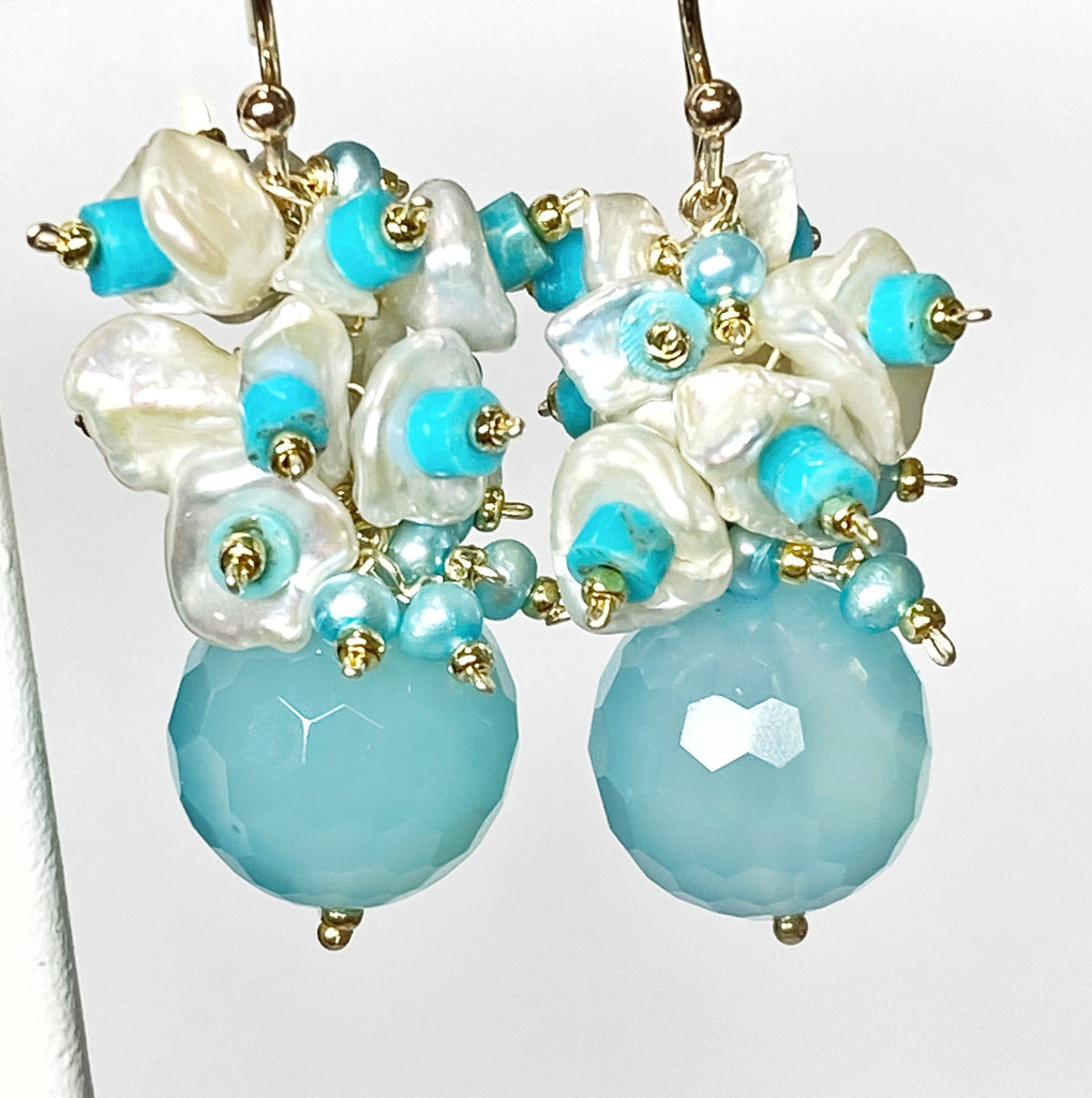 Blue, Turquoise and Keishi Pearl Cluster Earrings - Doolittle