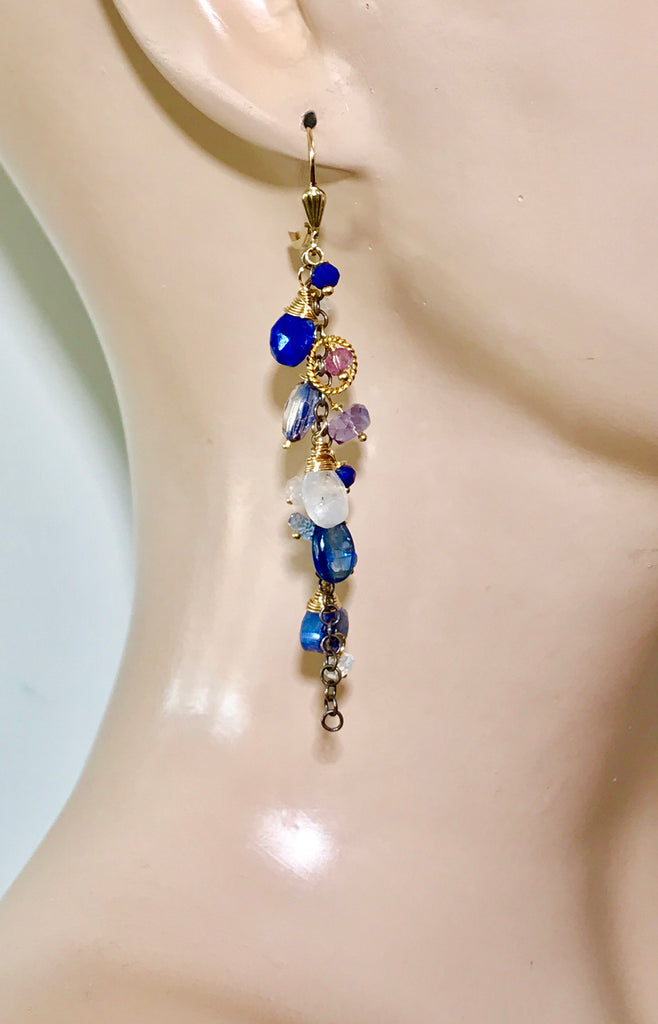Blue Dangle Earrings Lapis Kyanite Mixed Metals - doolittlejewelry