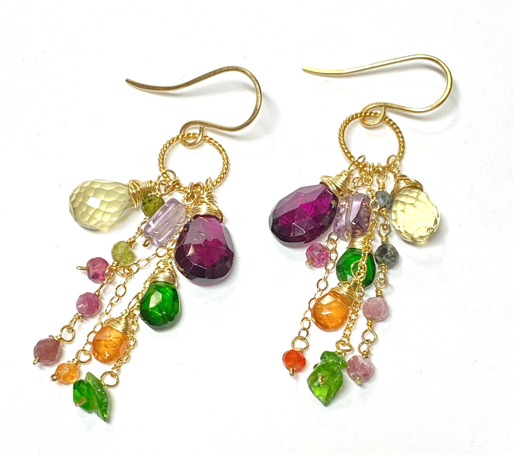 Multicolor Gemstone Gold Dangle Earrings Rhodolite Garnet, Lemon Quartz