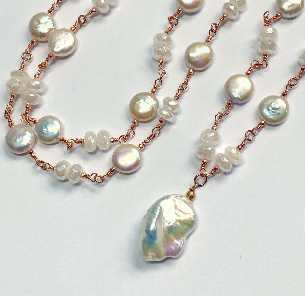 Rose Gold Ivory Baroque Pearl Mystic Moonstone Long Sautoir Rosary Necklace