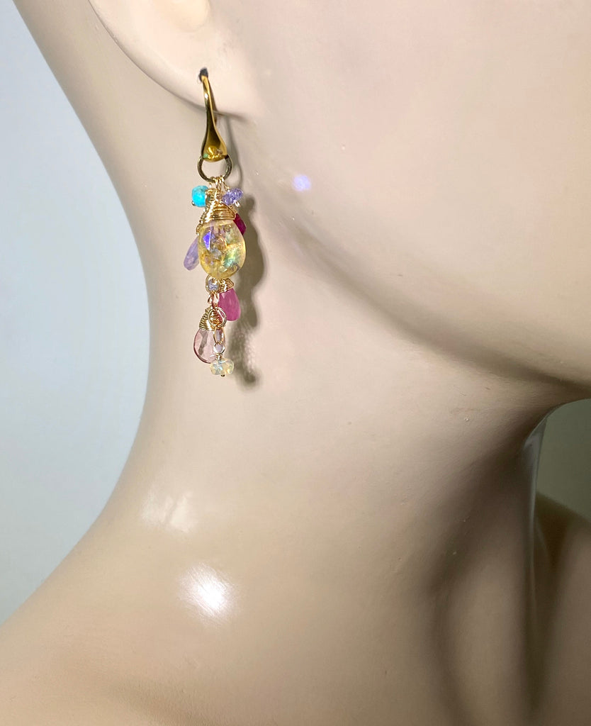 Colorful Gemstone Long Dangle Earrings Gold Mystic Citrine Lavender Opal Pink Sapphire - doolittlejewelry