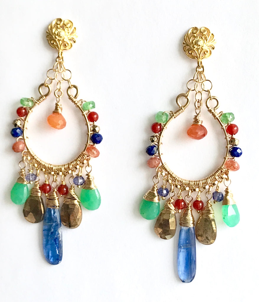 Colorful Chandelier Earrings Gold Fill Kyanite Carnelian Chrysoprase Lapis - doolittlejewelry