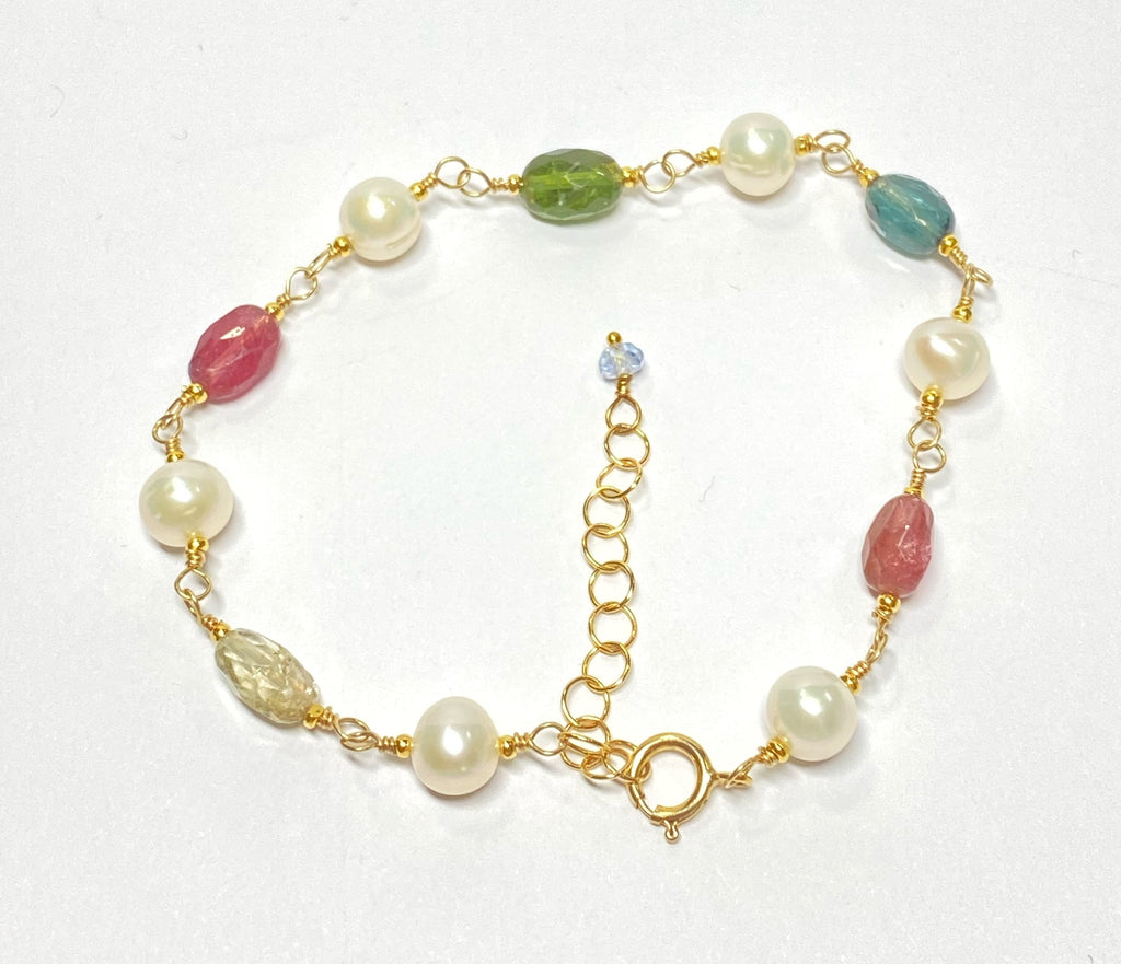 Tourmaline and Pearl Wire Wrapped Bracelet in Gold Fill Adjustable