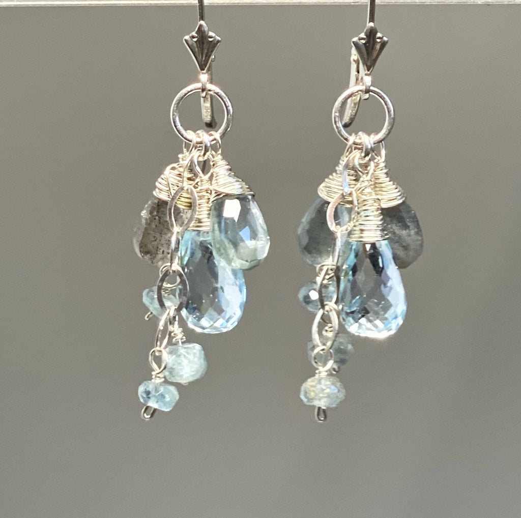 Moss Aquamarine, Blue Topaz, Labradorite Dangle Earrings Sterling Silver