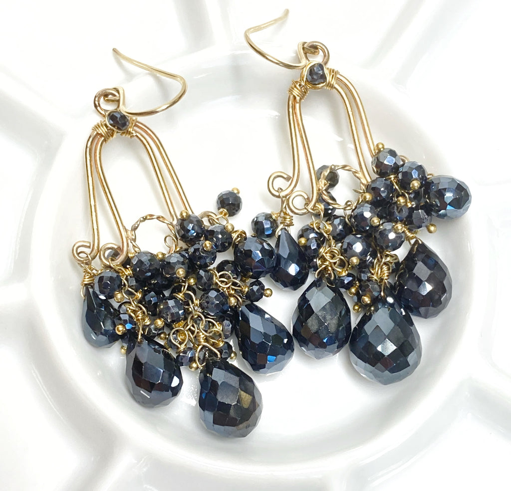 Gemstone Black Spinel Gold Fill Handmade Chandelier Earrings