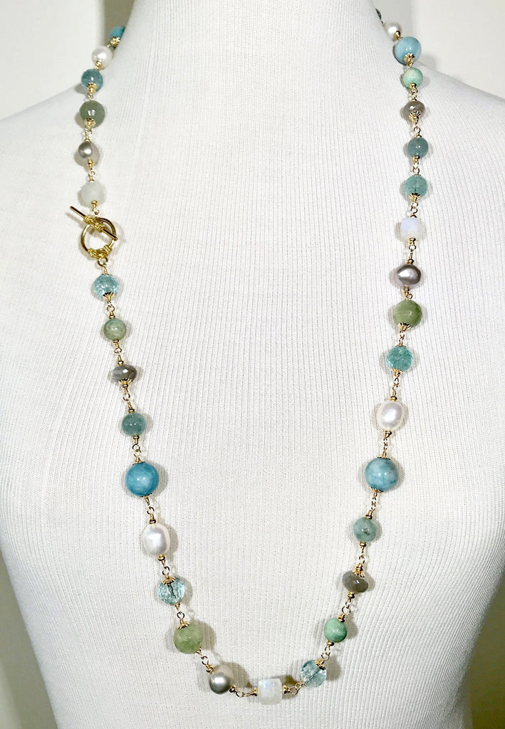 Aquamarine Pearl Long Wire Wrap Necklace Gold Moonstone