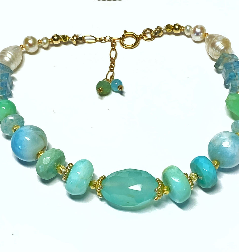Pearl and Gem Bracelet Coastal Grandmother, Aqua Chalcedony, Larimar Bracelet