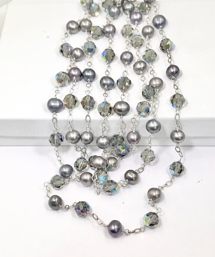 Long Grey Pearl Swarovski Crystal Sautoir Necklace - doolittlejewelry
