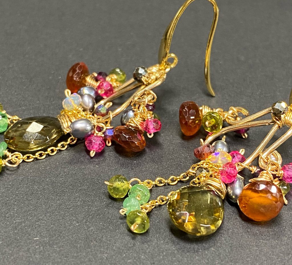 Garnet and Olive Green Gemstone Chandelier Earrings Gold
