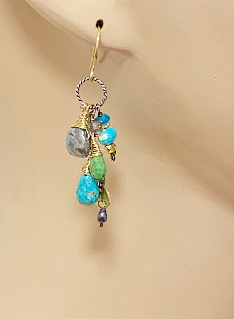 Green and blue American turquoise dangle earrings with mystic labradorite in mixed metals
