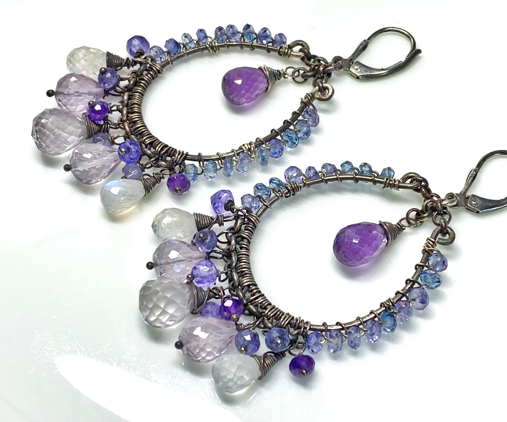 Amethyst Moonstone Oxidized Sterling Silver Hoop Earrings - Doolittle
