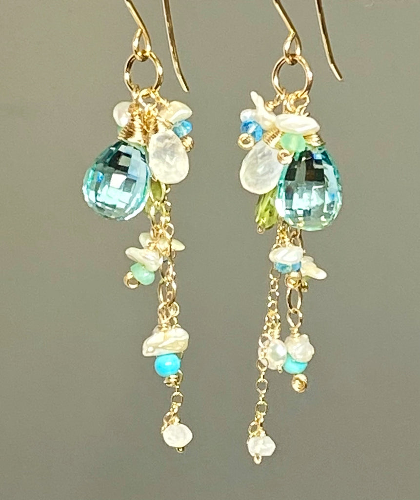Aqua Gemstone Pearl Dangle Earrings Gold Fill