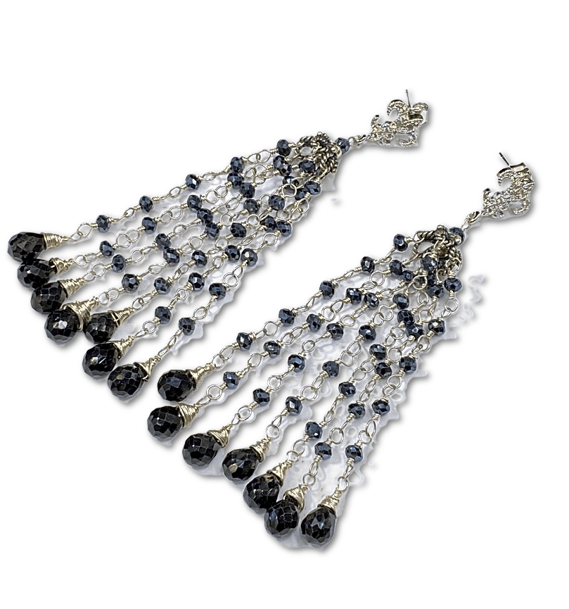 Gemstone Tassel Earrings Mystic Black Spinel Sterling Silver - doolittlejewelry
