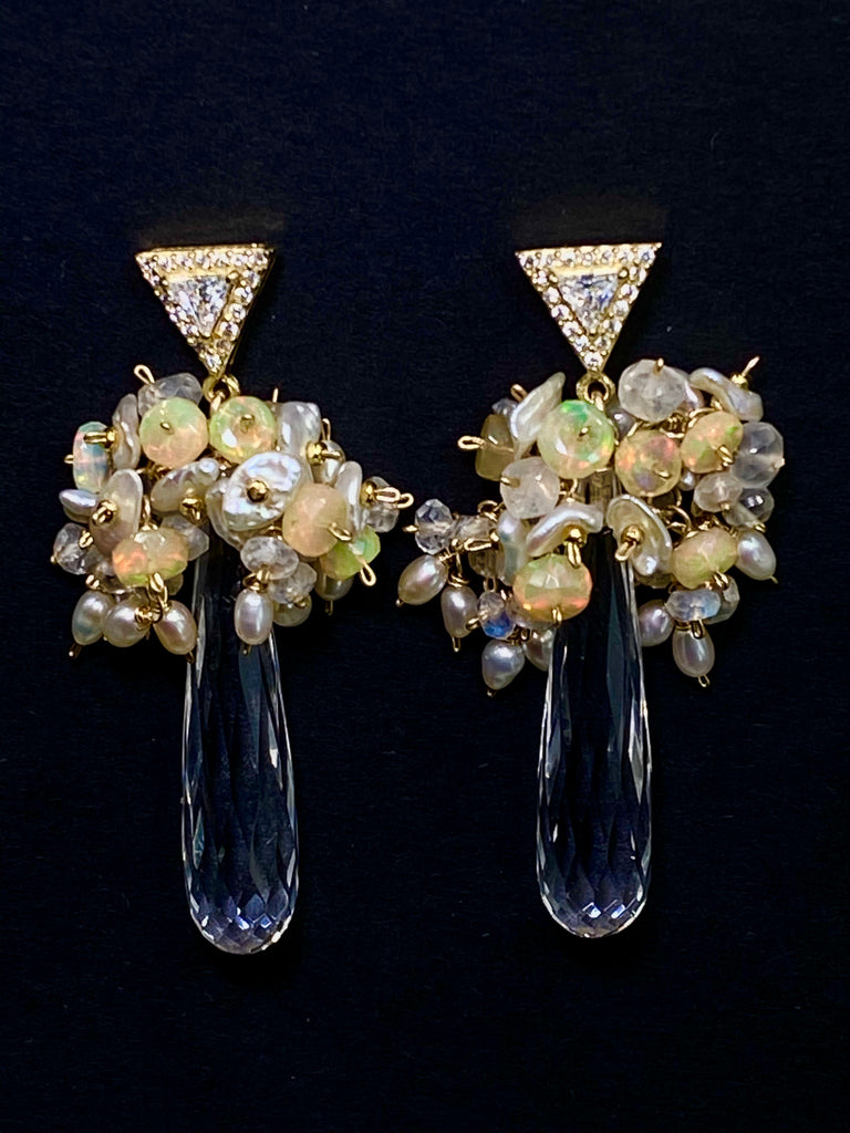 Crystal Quartz Opal and Moonstone Cluster Earrings Gold Post - doolittlejewelry