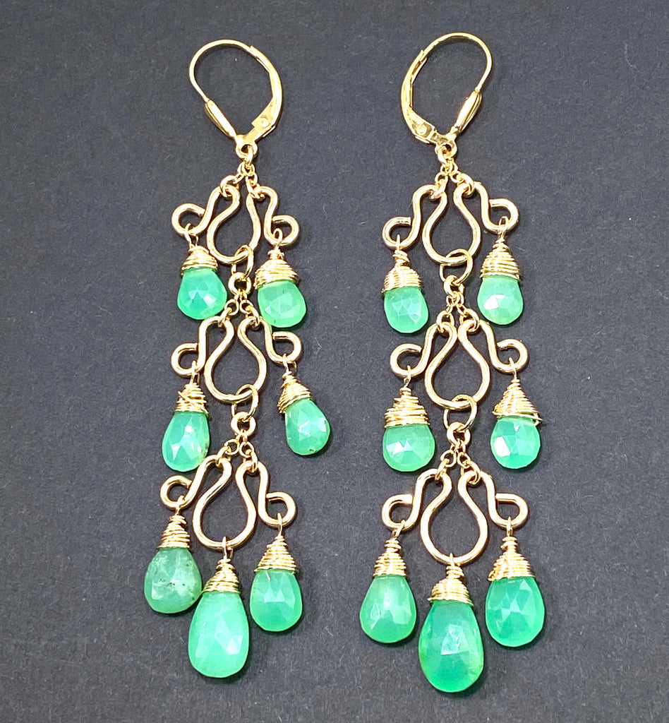 Green Chrysoprase Gemstone Long Gold Filled Chandelier Earrings - doolittlejewelry