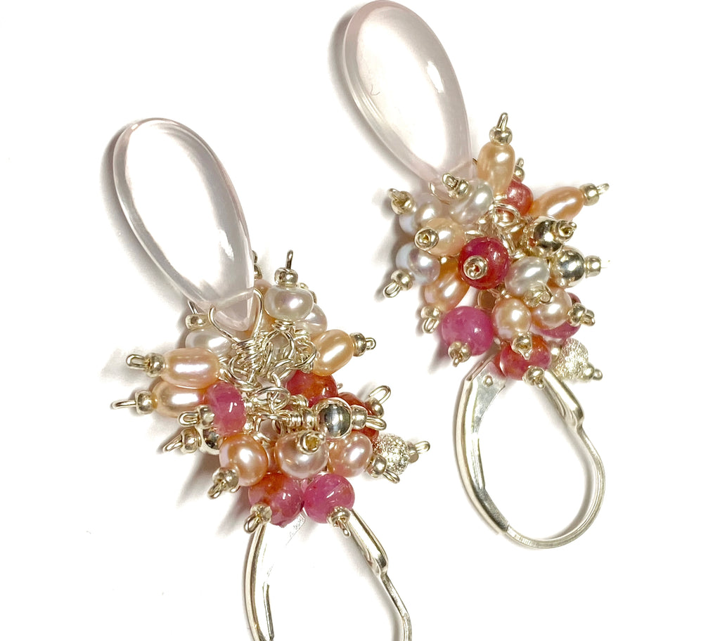 Pink Rose Quartz Gemstone and Cluster Earrings