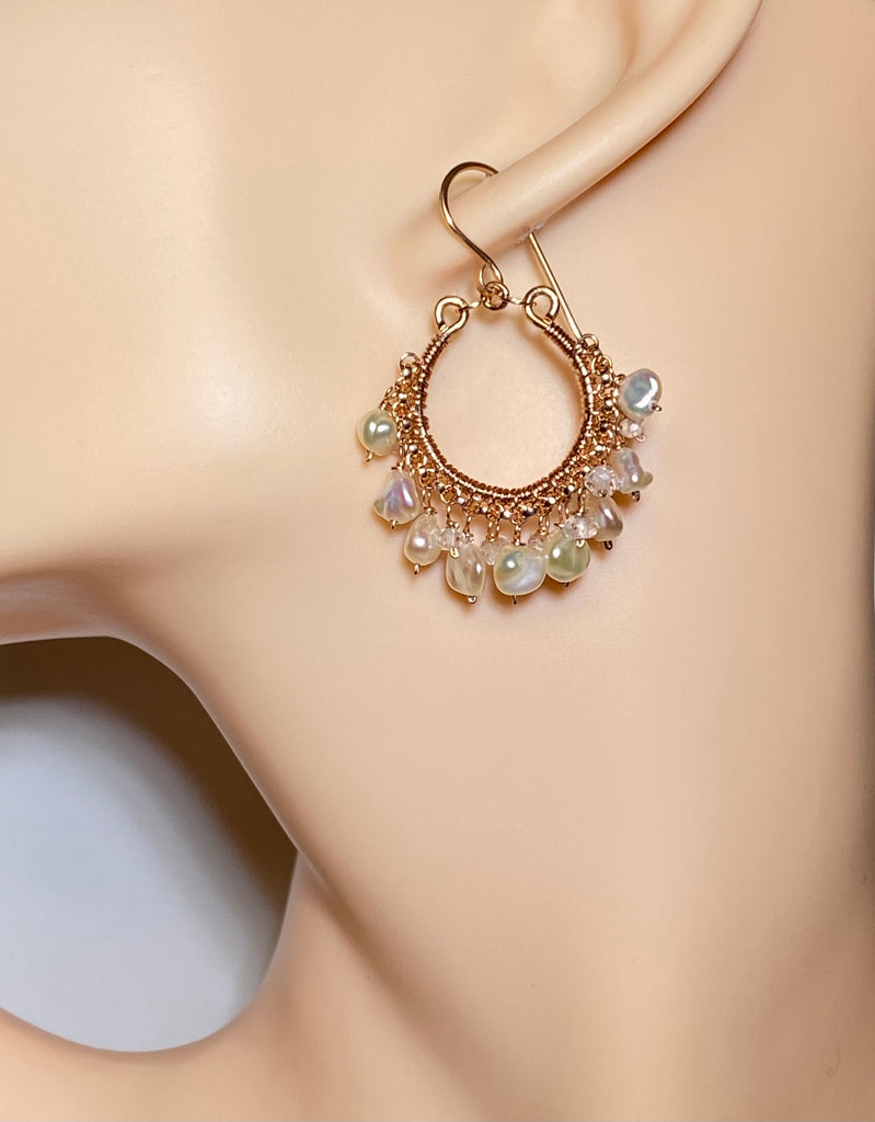Rose Gold Keishi Pearl and Crystal Hoop Earrings