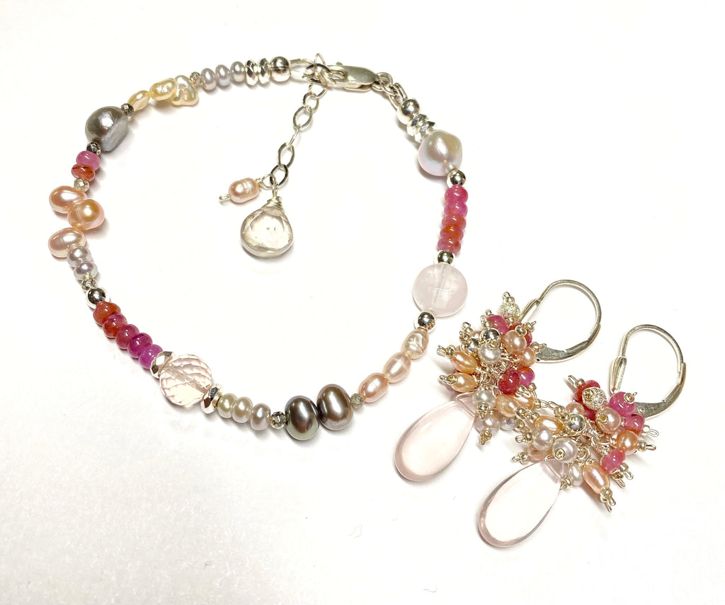 rose quartz pink sapphire cluster earrings