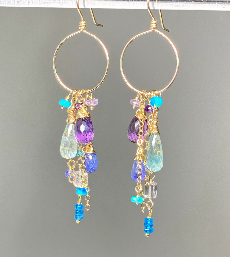 amethyst aquamarine tanzanite gold fangle gold fill hoop earrings