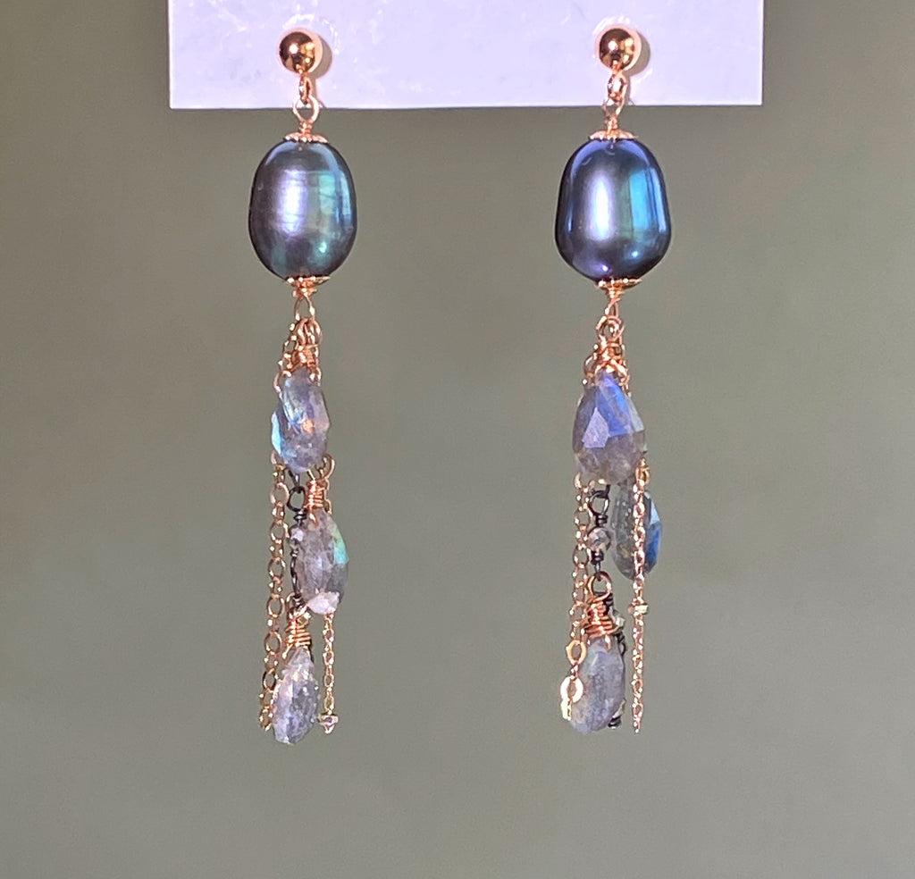 Rose Gold Labradorite and Pearl Dangle Earrings
