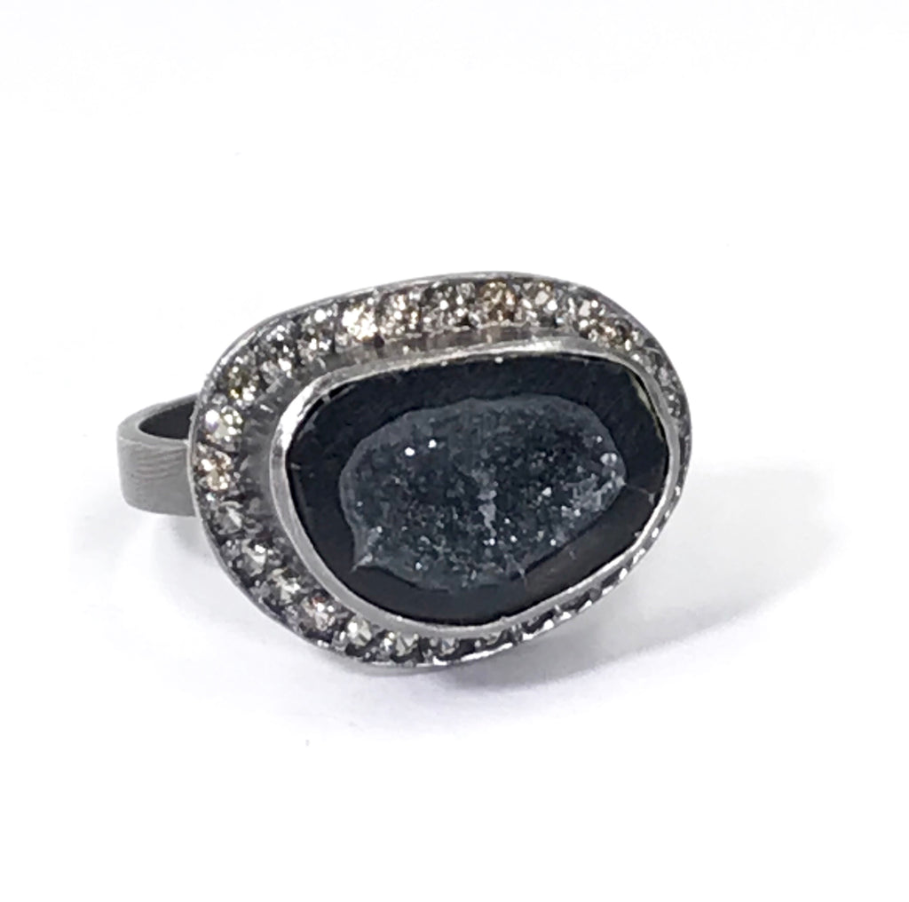 Black Geode and Pave Sapphire Ring in Oxidized Sterling Silver - doolittlejewelry