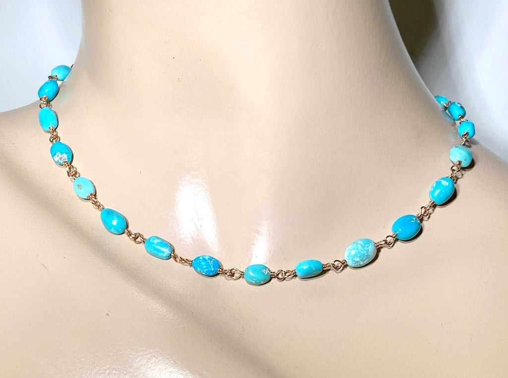 Sleeping Beauty Turquoise Necklace Rose Gold Rosary Style Wire Wrapped - doolittlejewelry