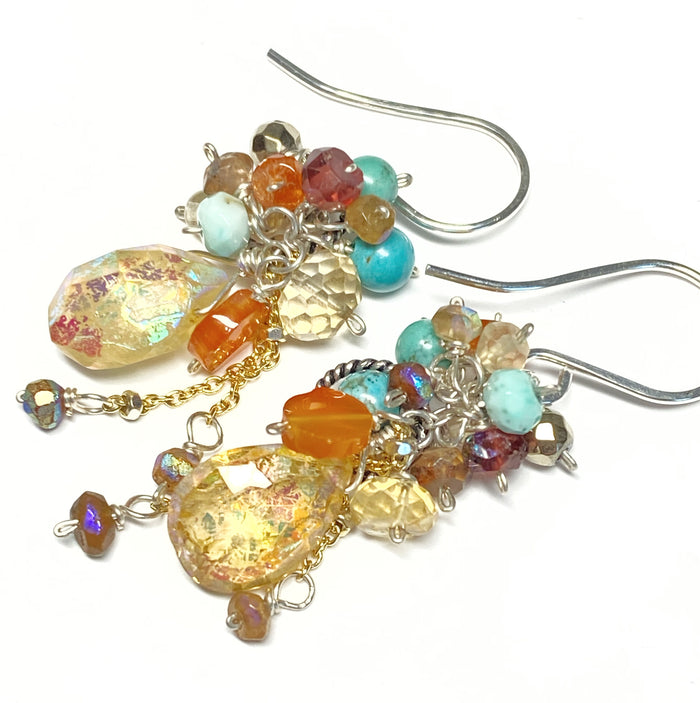 Mystic Citrine Earth Tone Gem Cluster Long Earrings Sterling Silver