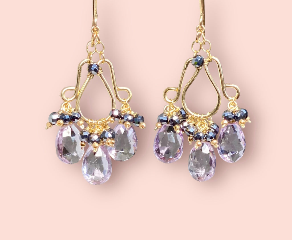 Pink Amethyst Chandelier Earrings Gold Fill with Black Clusters