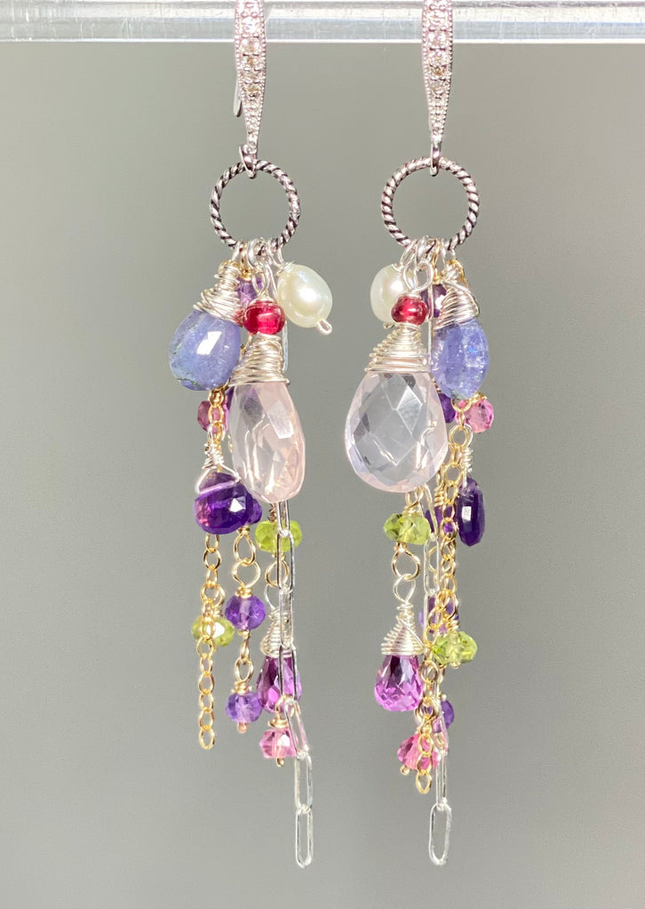 Rose Quartz Multi Gem Dangle Earrings Tanzanite, Violet, Sterling