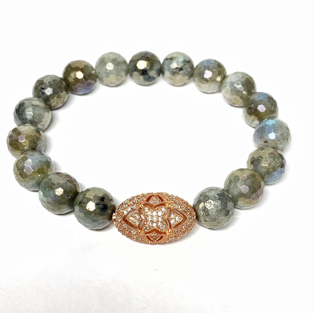 Labradorite and Rose Gold Pave CZ Beaded Stretch Bracelet