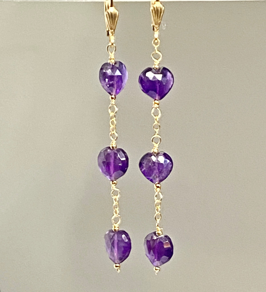 Amethyst Heart Dangle Earrings Gold Fill Handmade