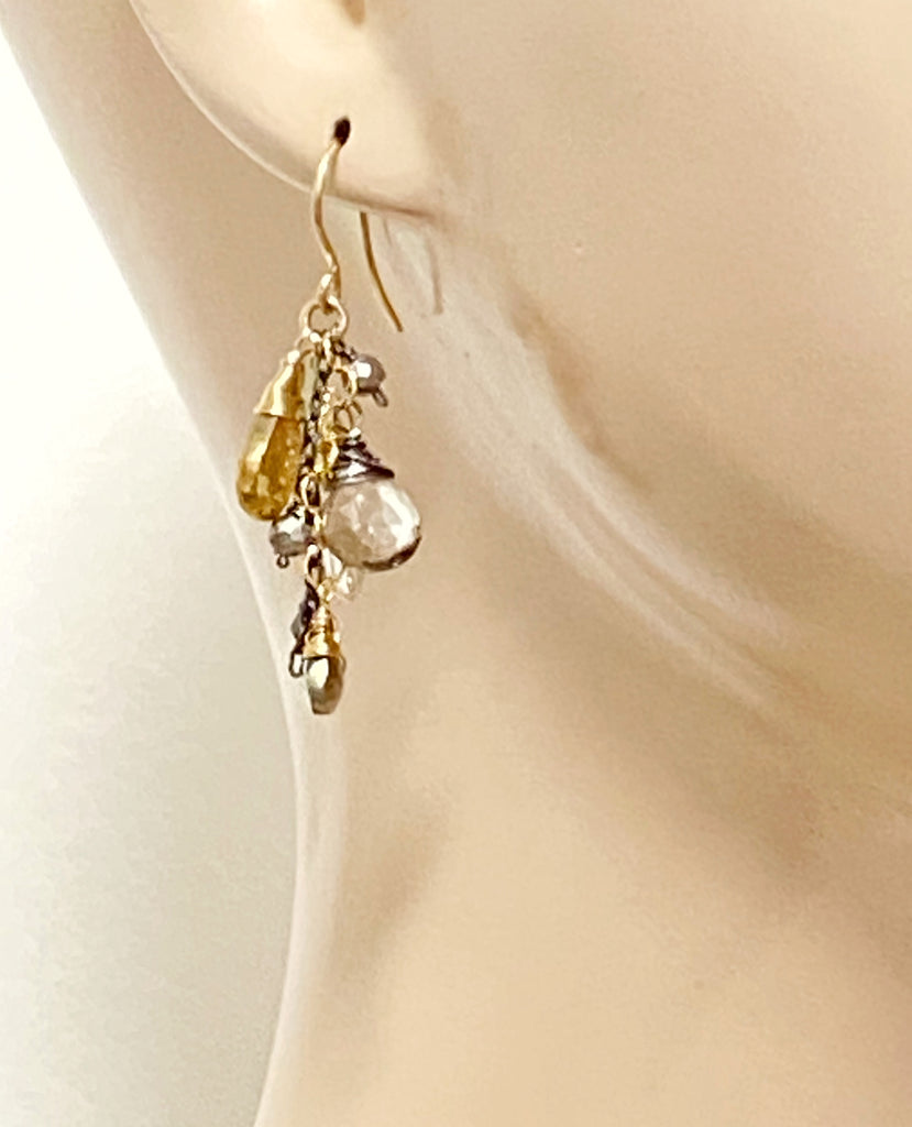 Crystal Quartz and Gold Mixed Metal Dangle Earrings