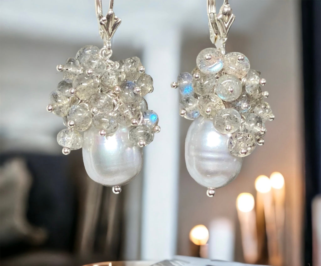 Silver Grey Pearl Earrings Sterling Silver with AAA Labradorite Gemstone Clusters