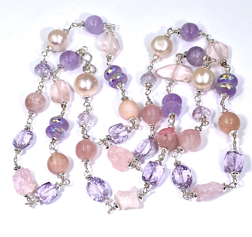 Long Sterling Silver Gemstone Pearl Necklace Lavender Amethyst Rose Quartz - doolittlejewelry