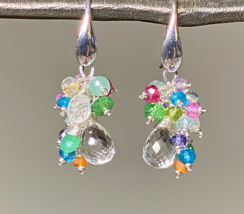 Crystal Quartz Dangle Earrings with Multi Gemstone Cluster Sterling Silver 4
