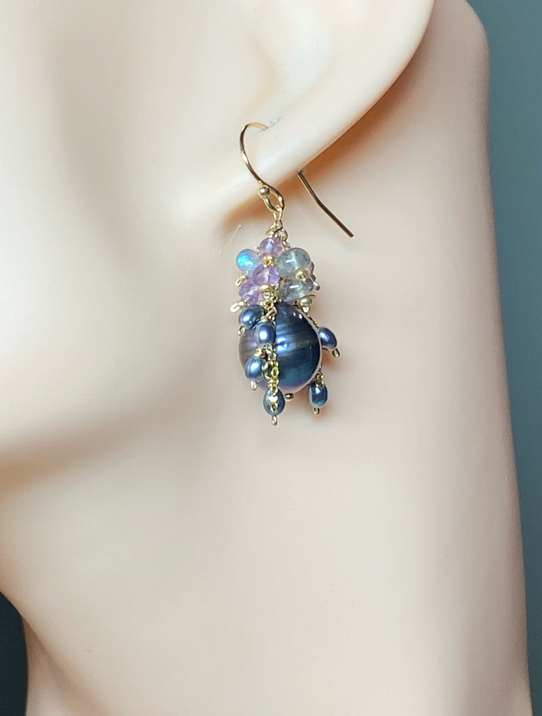 Peacock Pearl, Amethyst, Labradorite, Cluster Waterfall Earrings