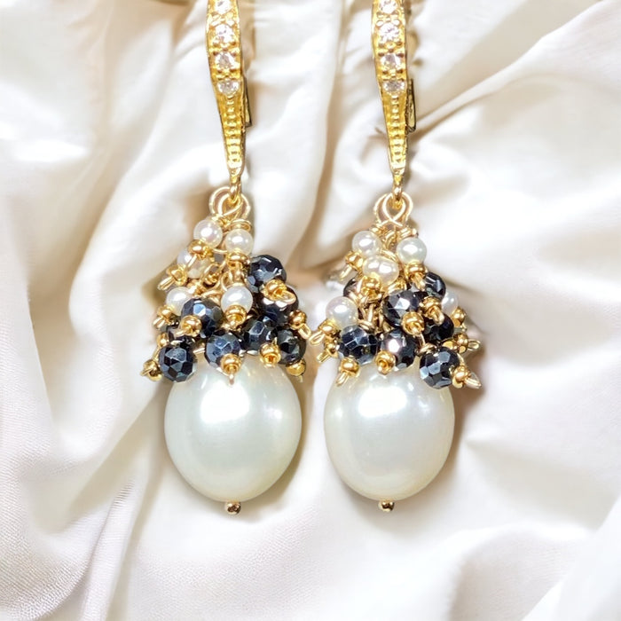 White Pearl Black Spinel Cluster Earrings Gold
