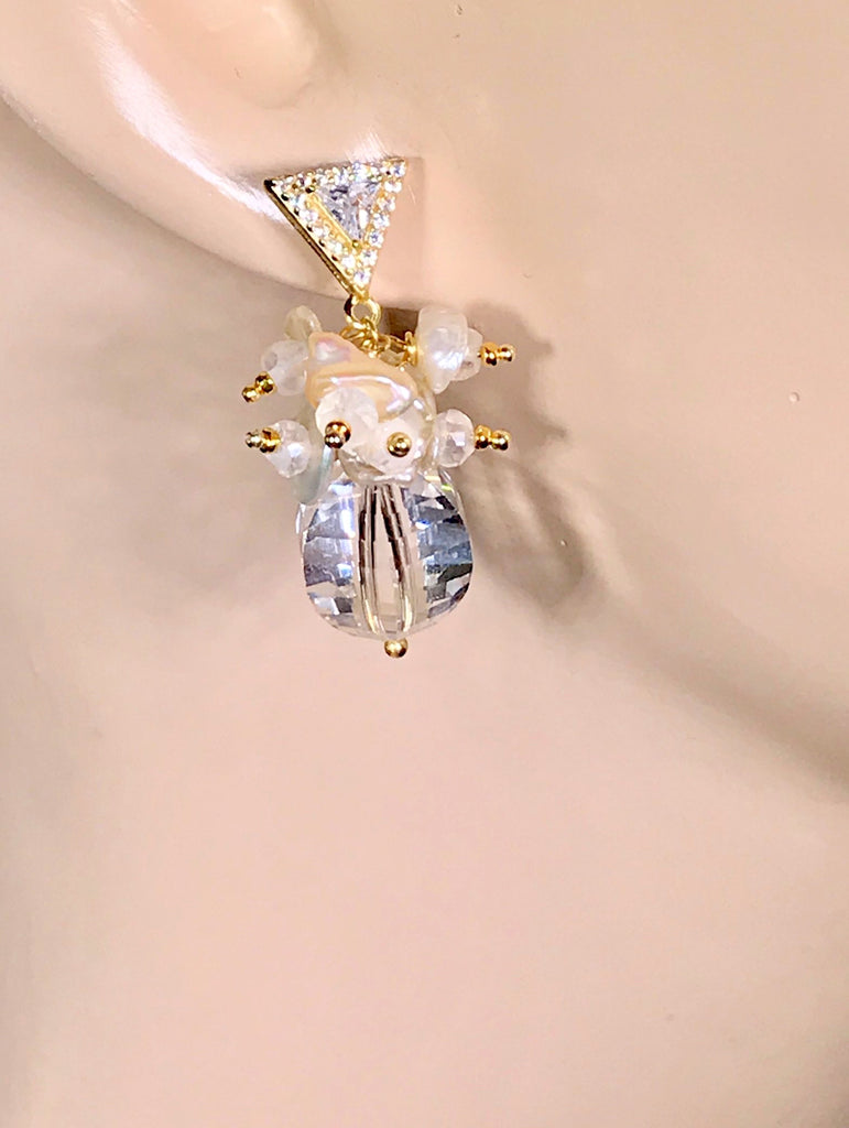 Clear Crystal Quartz Earrings Keishi Pearl Cluster Gold Post