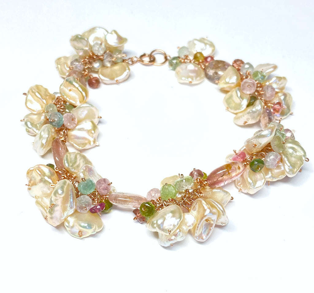Blush Keishi Pearl Cluster Bracelet with Tourmaline and Rose Gold