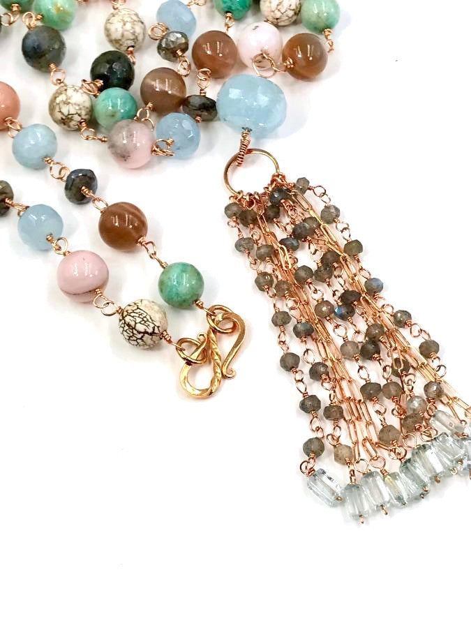 Multi-stone Long Tassel Rose Gold Necklace - doolittlejewelry