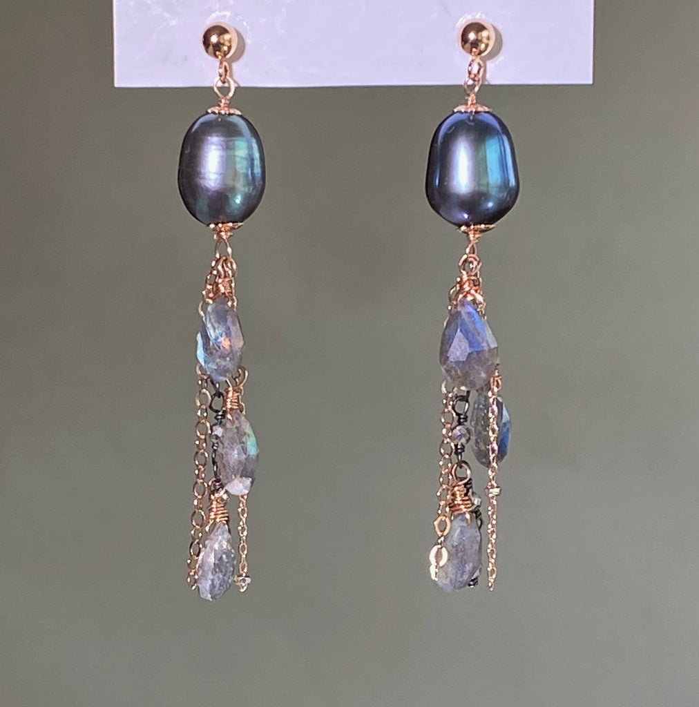 Rose Gold Labradorite and Pearl Dangle Earrings