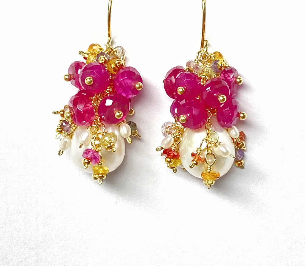Pearl and Pink Sapphire Cluster Earrings Gold