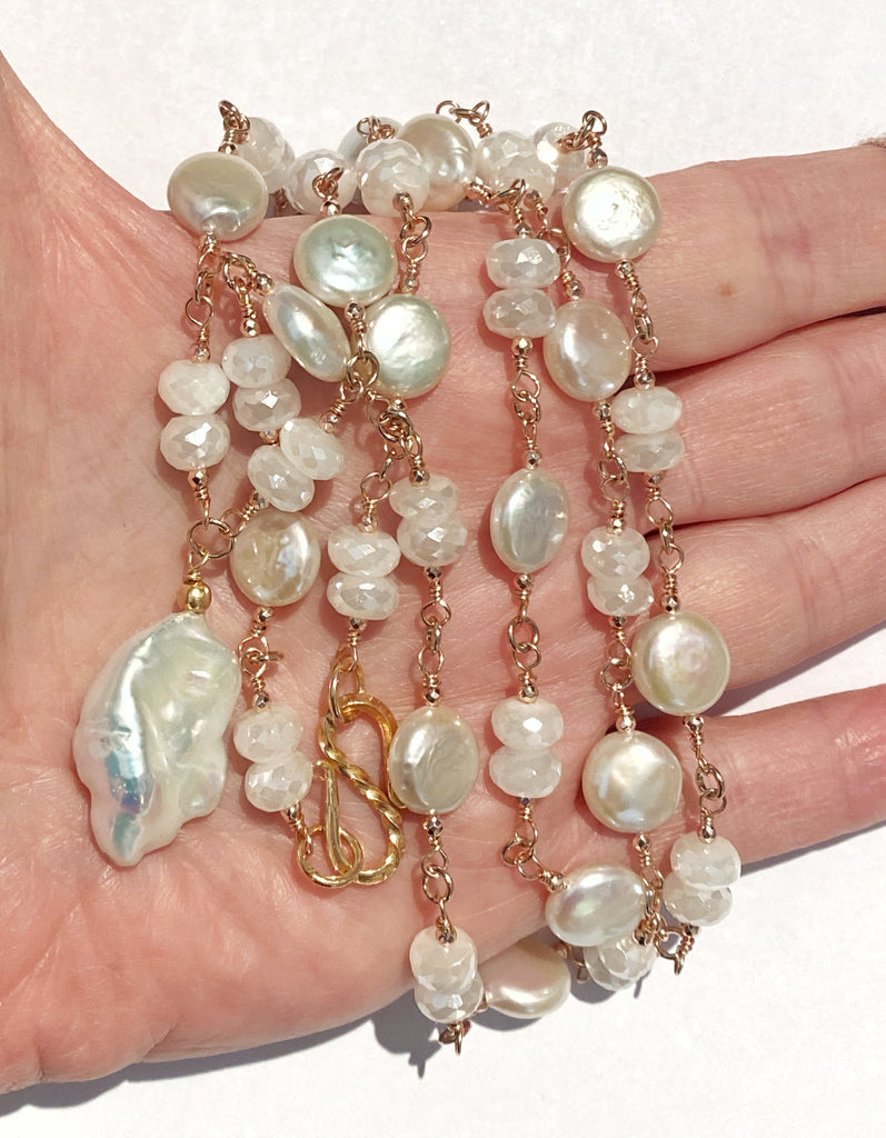 Rose Gold Ivory Baroque Pearl Mystic Moonstone Long Sautoir Rosary Necklace