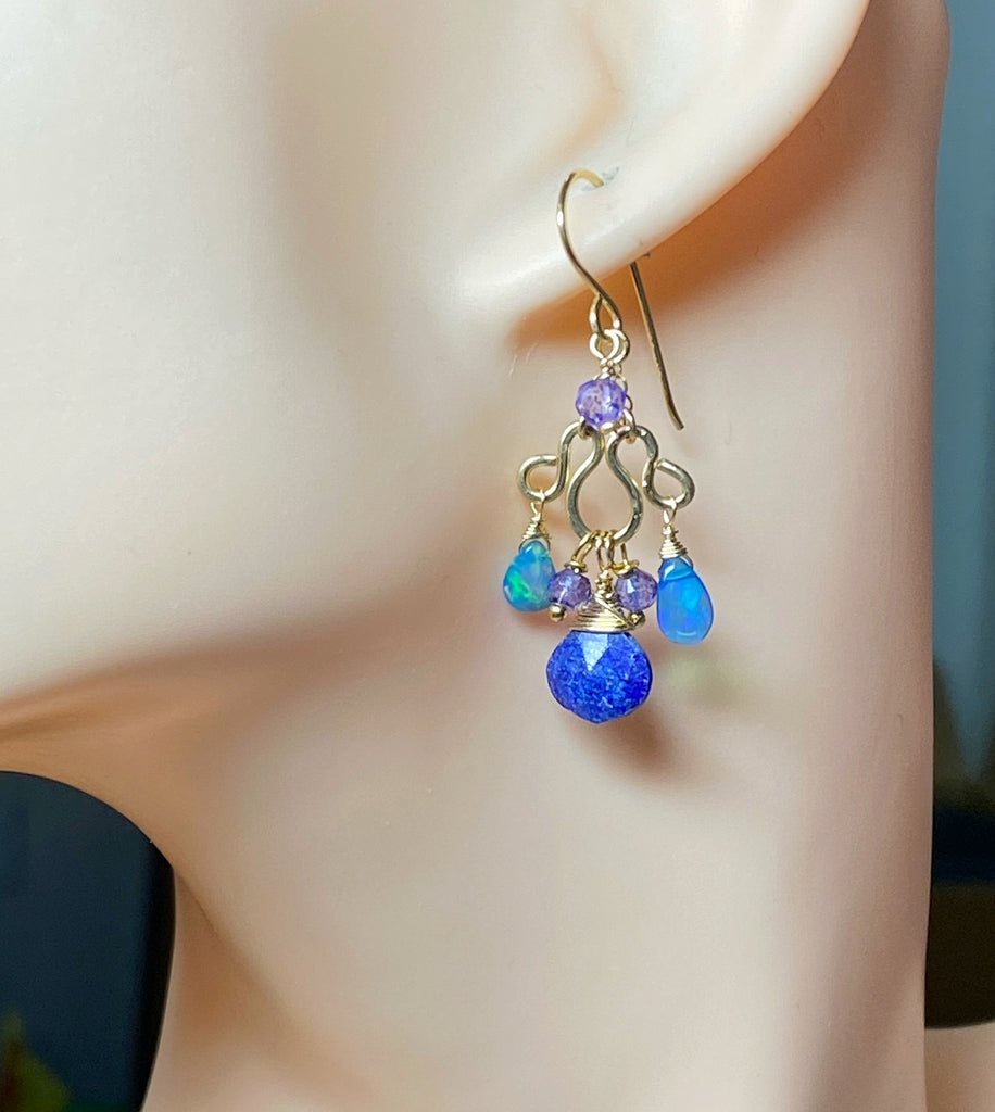 Blue Lapis, Blue Opal Chandelier Earrings Gold Fill