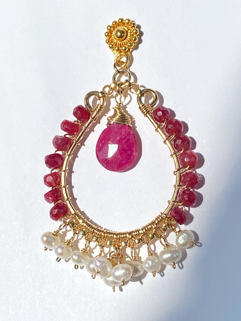Red Ruby and Pearl Gold Hoop Statement Earrings