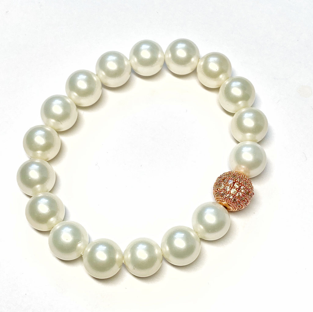 White Pearl Stretch Stacking Bracelet with Rose Gold Pave CZ Bead